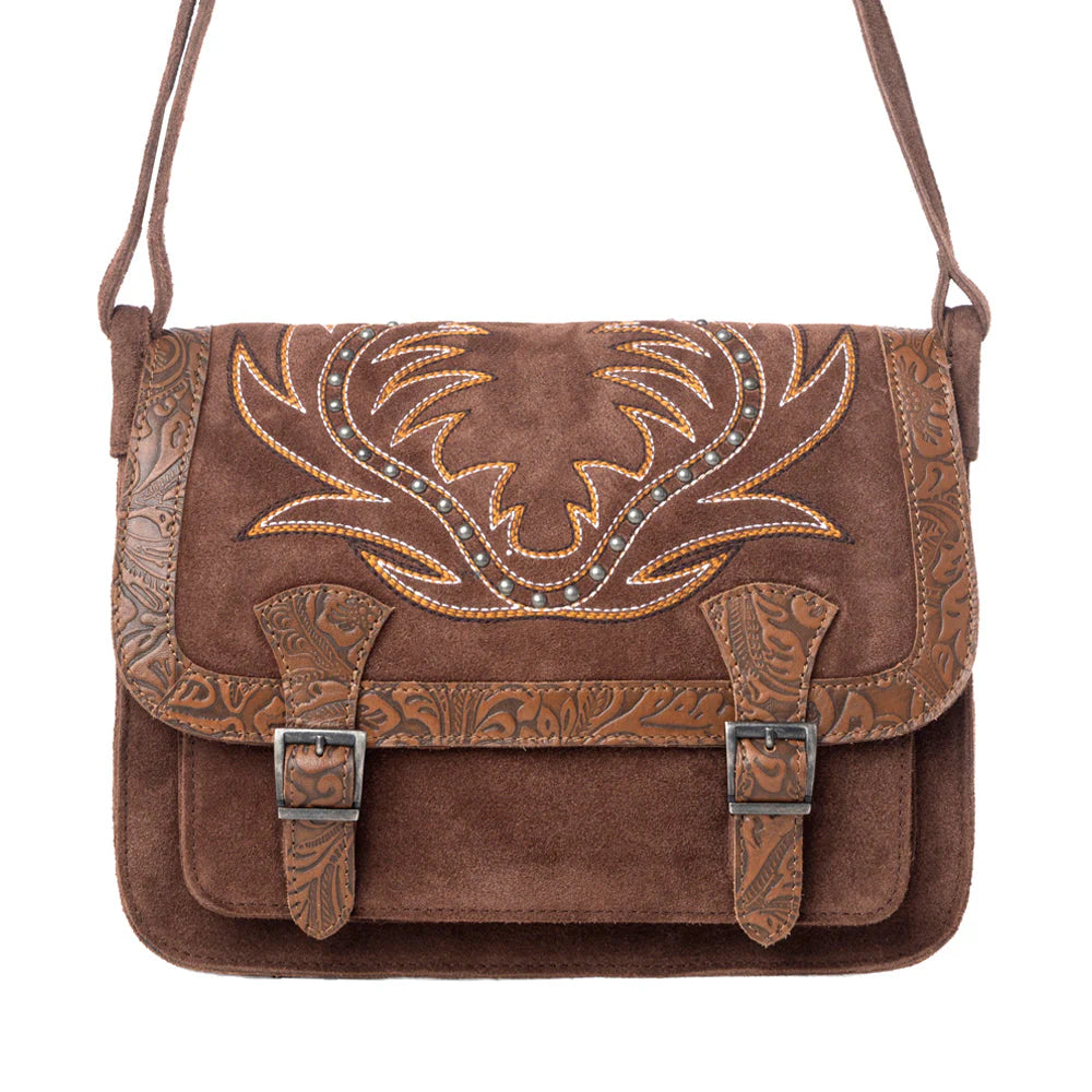 Brown leather bag with intricate embossing and a buckle on a white background