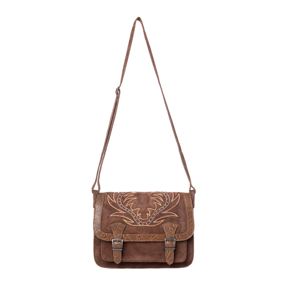 Myra Amberwood Suede Leather Boot Embroidered Leather Bag in Chestnut Brown