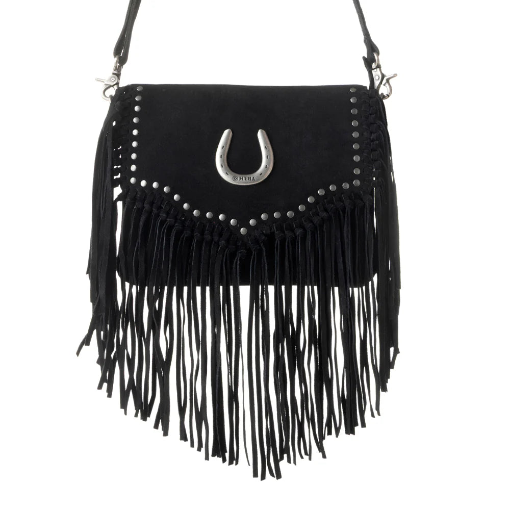 Black fringe handbag with a silver buckle on a white background