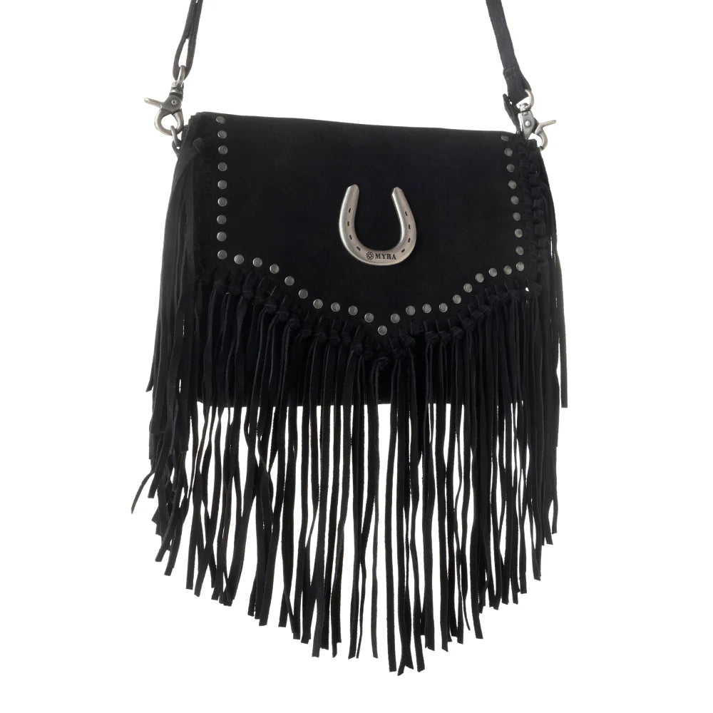 Black fringe bag with a horseshoe charm on a white background