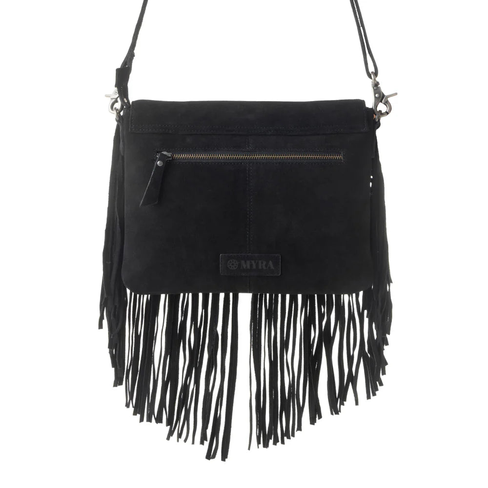 Black fringed handbag with a visible brand logo on a white background