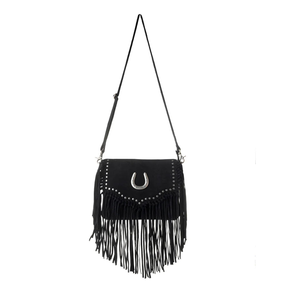 Black fringe handbag with a silver buckle on a white background