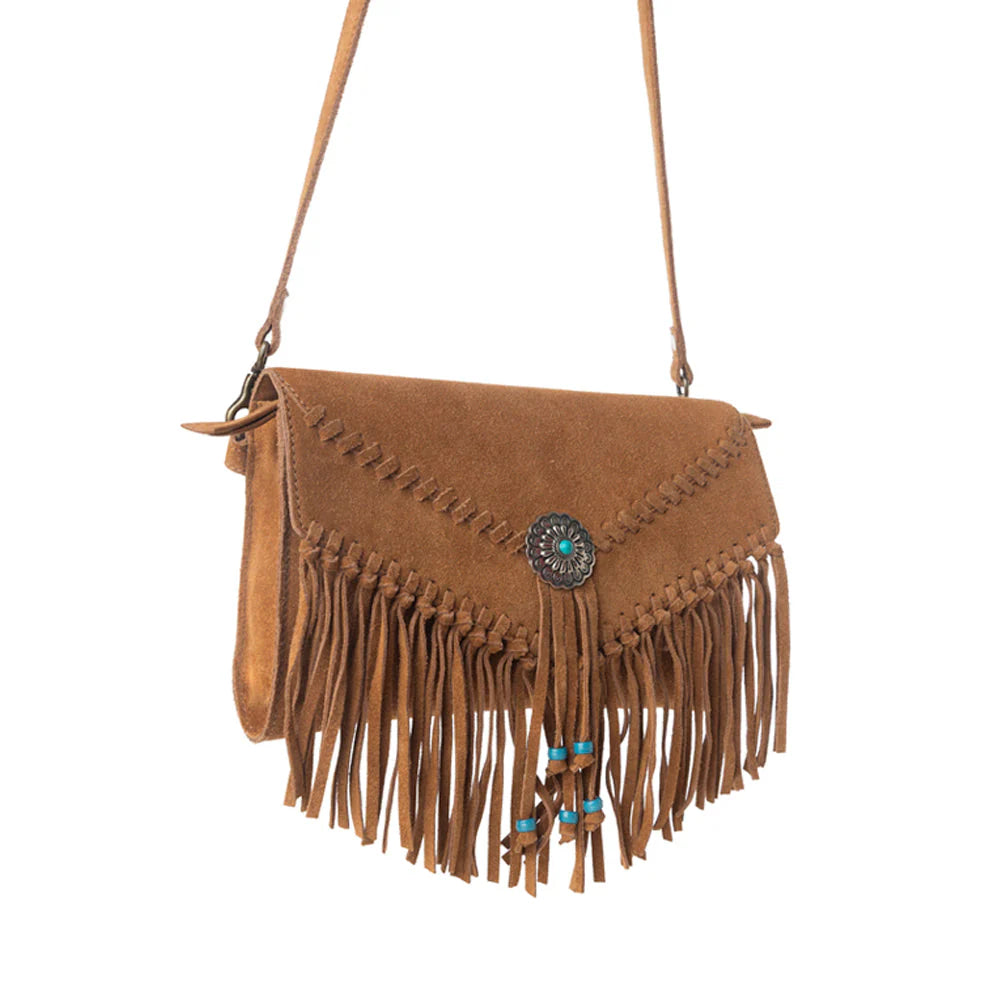 Brown suede handbag with fringe and a decorative clasp on a white background