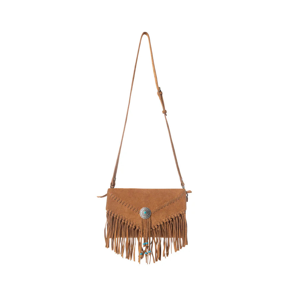 Brown leather handbag with fringe and a decorative clasp on a white background