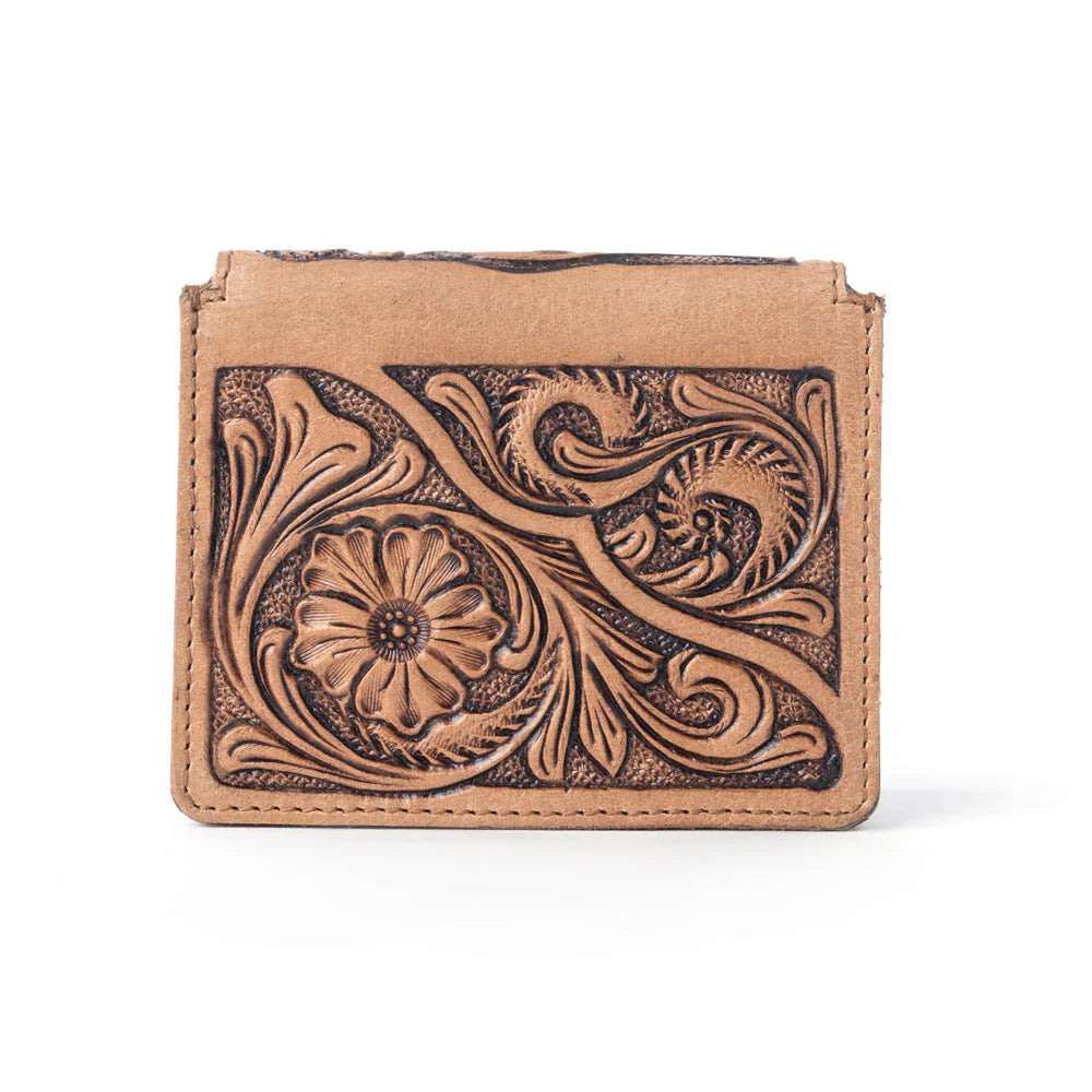 Brown leather wallet with intricate floral design on a white background
