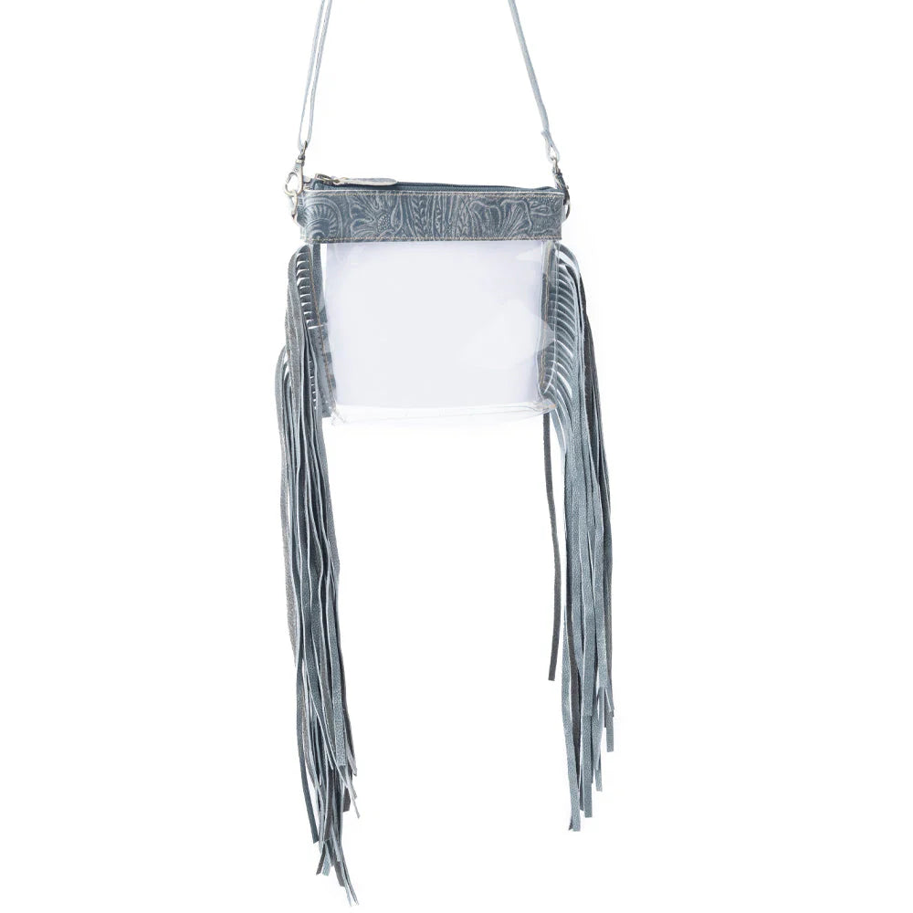 Clear handbag with gray fringe and strap on a white background