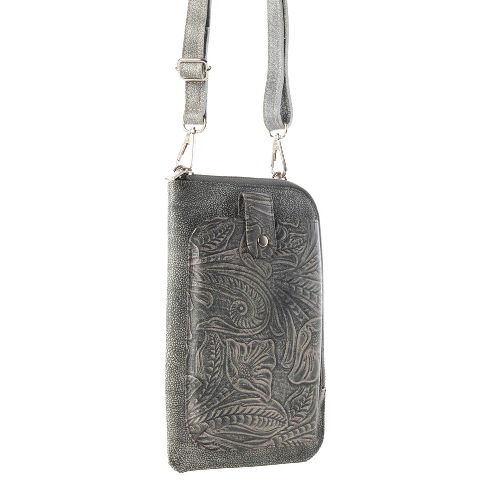 Gray leather crossbody bag with intricate patterns on a white background