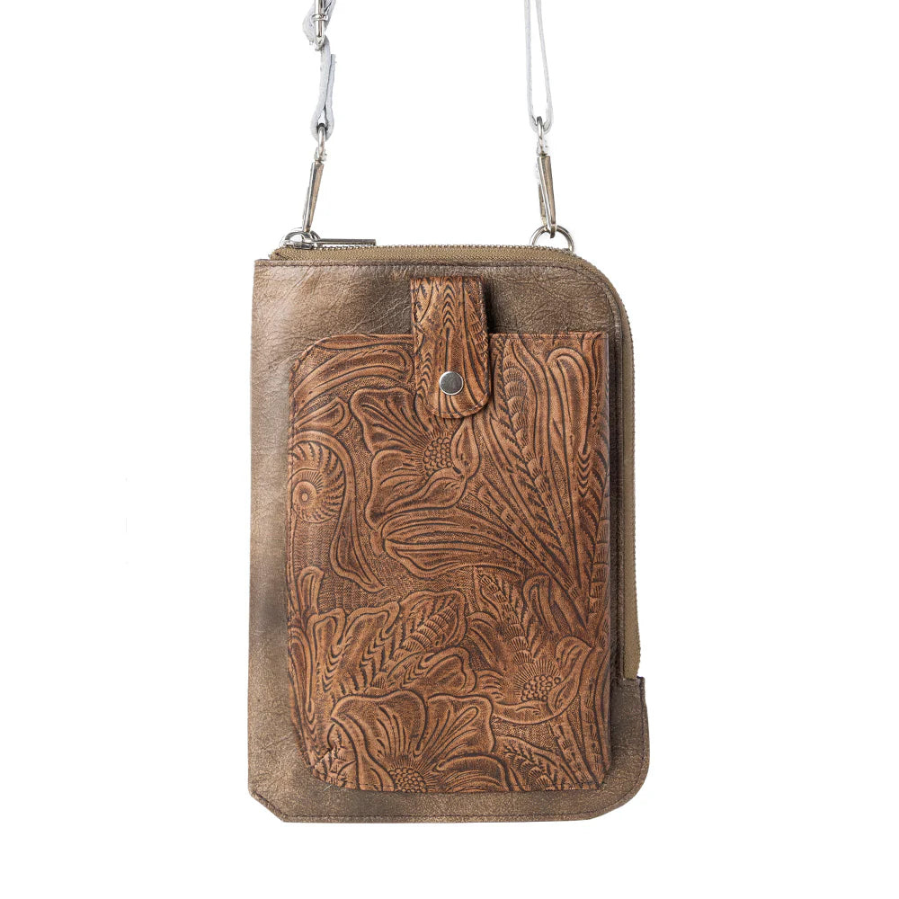 Brown leather crossbody bag with intricate patterns on a white background