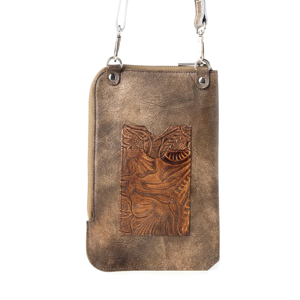 Brown leather phone pouch with embossed design on a white background