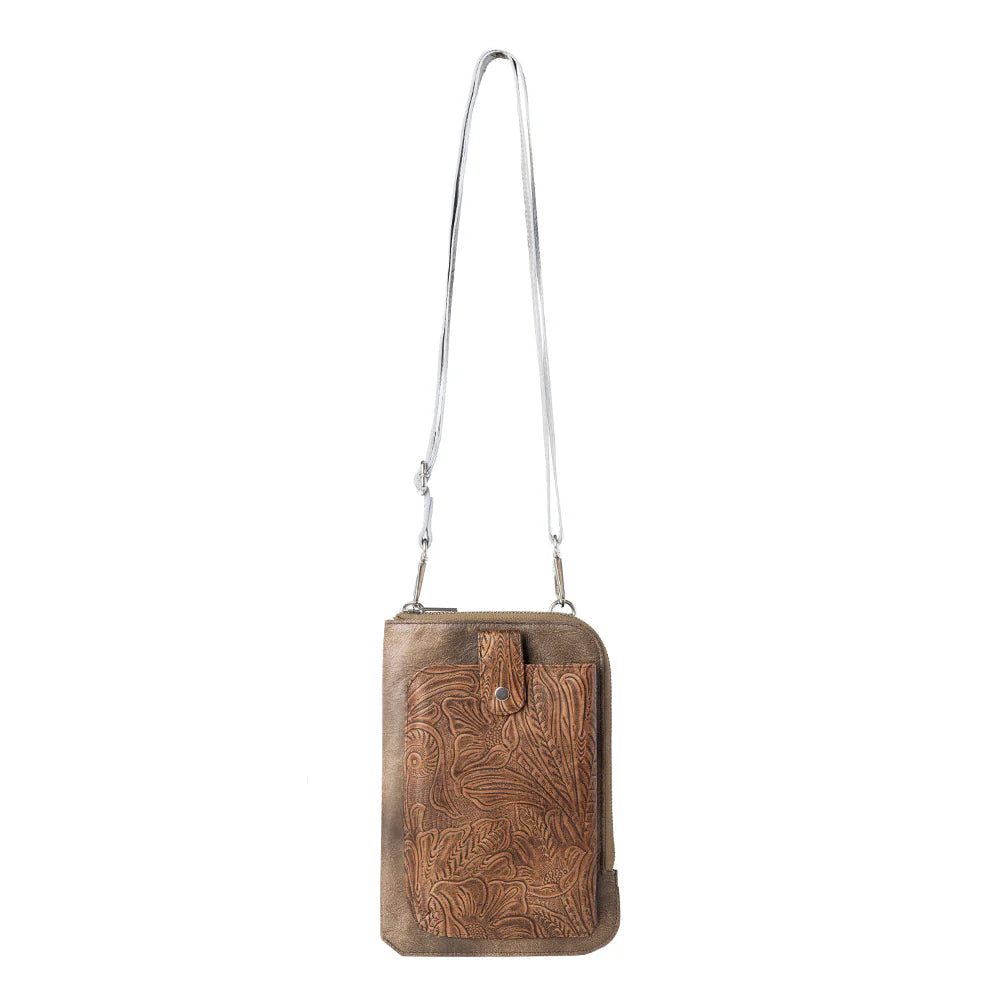 Brown leather crossbody bag with floral patterns on a white background