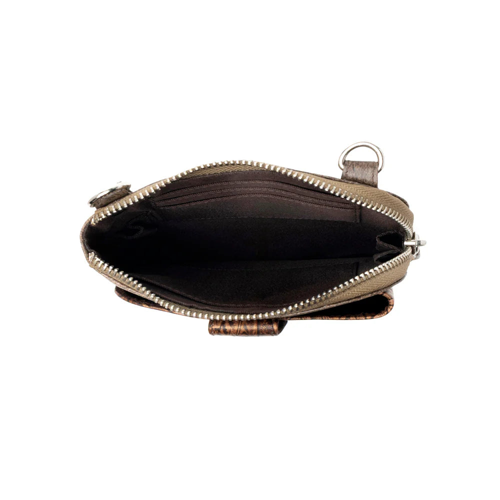 Open beige pouch with zipper on a white background