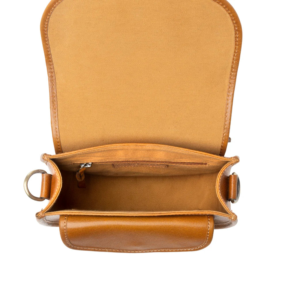 Brown leather bag with open front on a white background