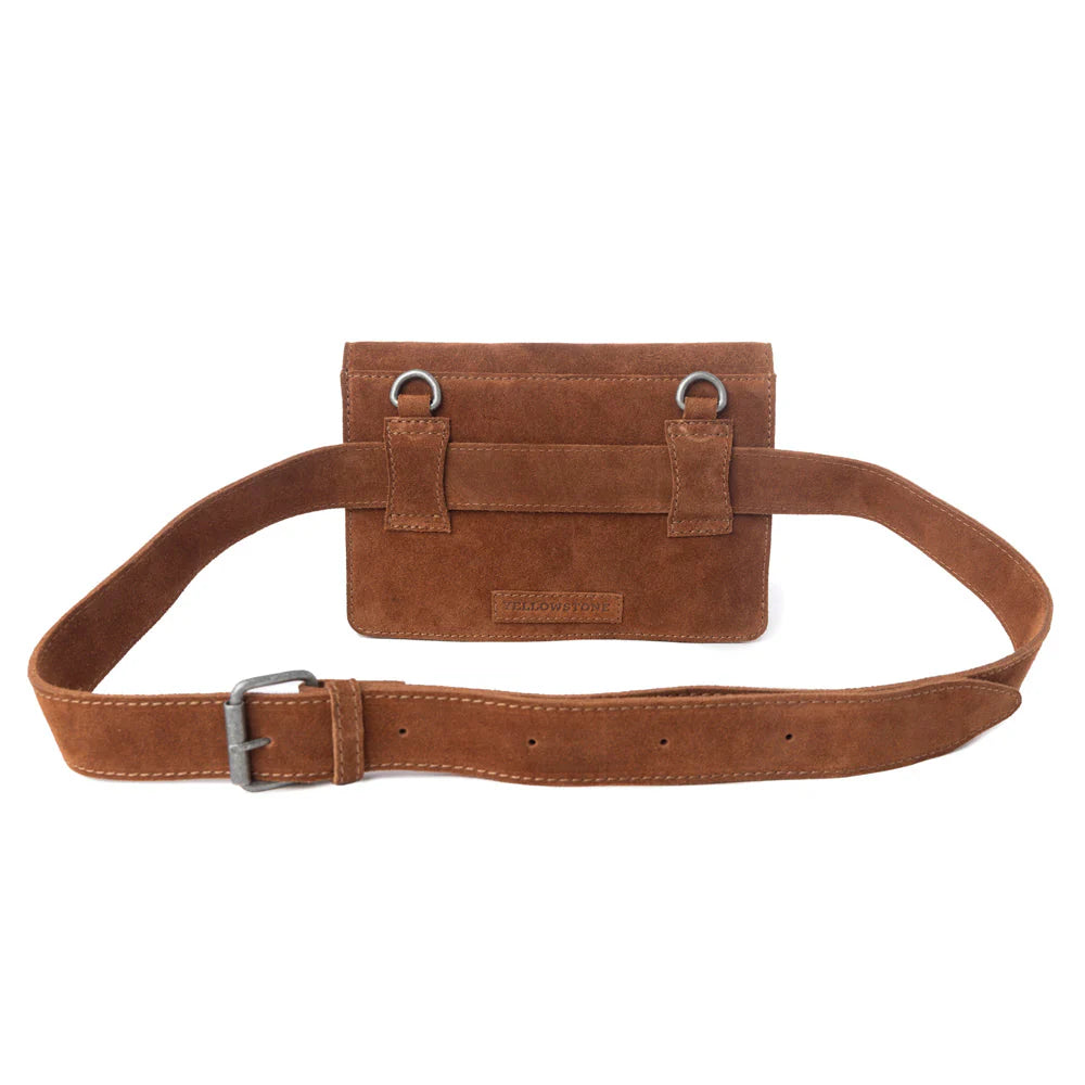 Brown leather belt with attached pouch on a white background