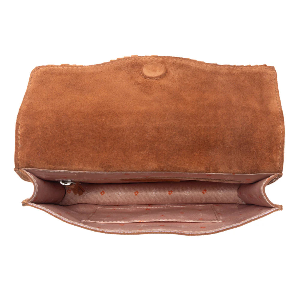Brown leather clutch bag on a white background