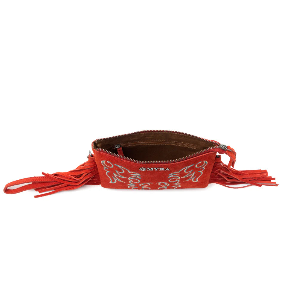 Red pouch with tassels and 'Myra' branding on a white background