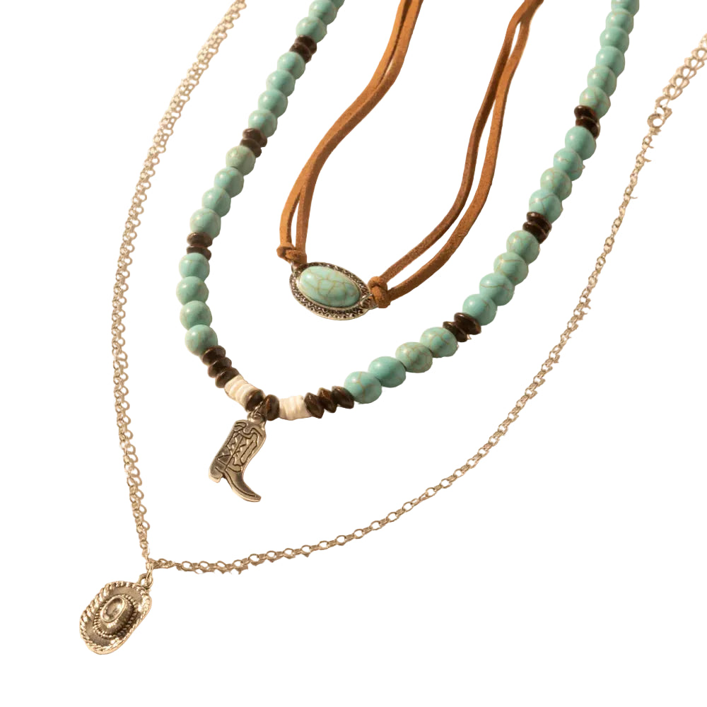 Three necklaces with turquoise beads, leather strap, and metal pendants on a beige background