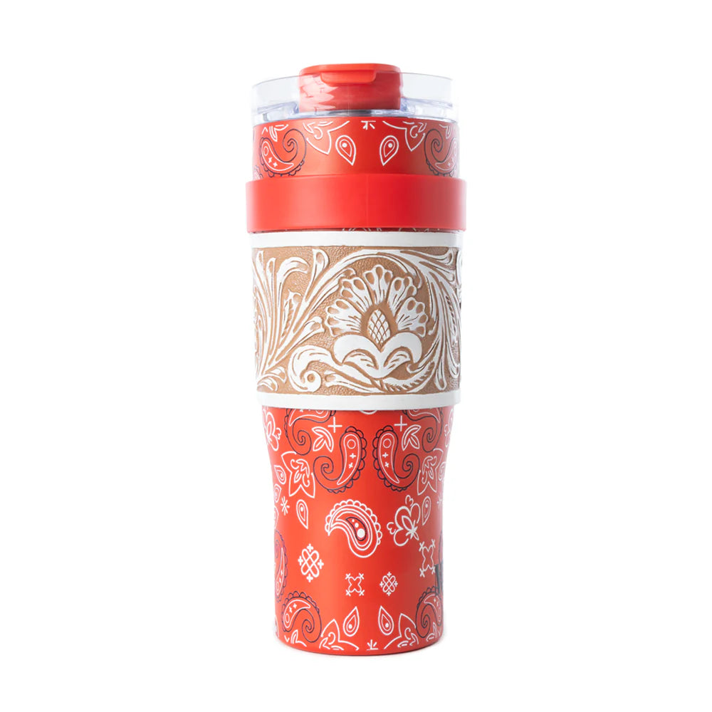 Patterned tumbler with a red lid on a white background