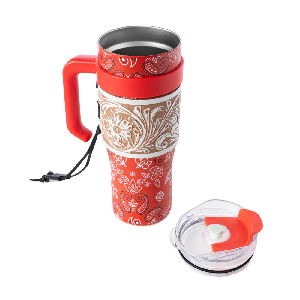 Red travel mug with paisley pattern and a separate lid on a white background