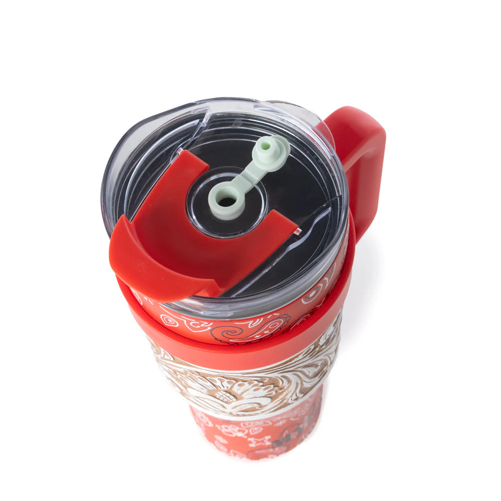 Red travel mug with a clear lid on a white background
