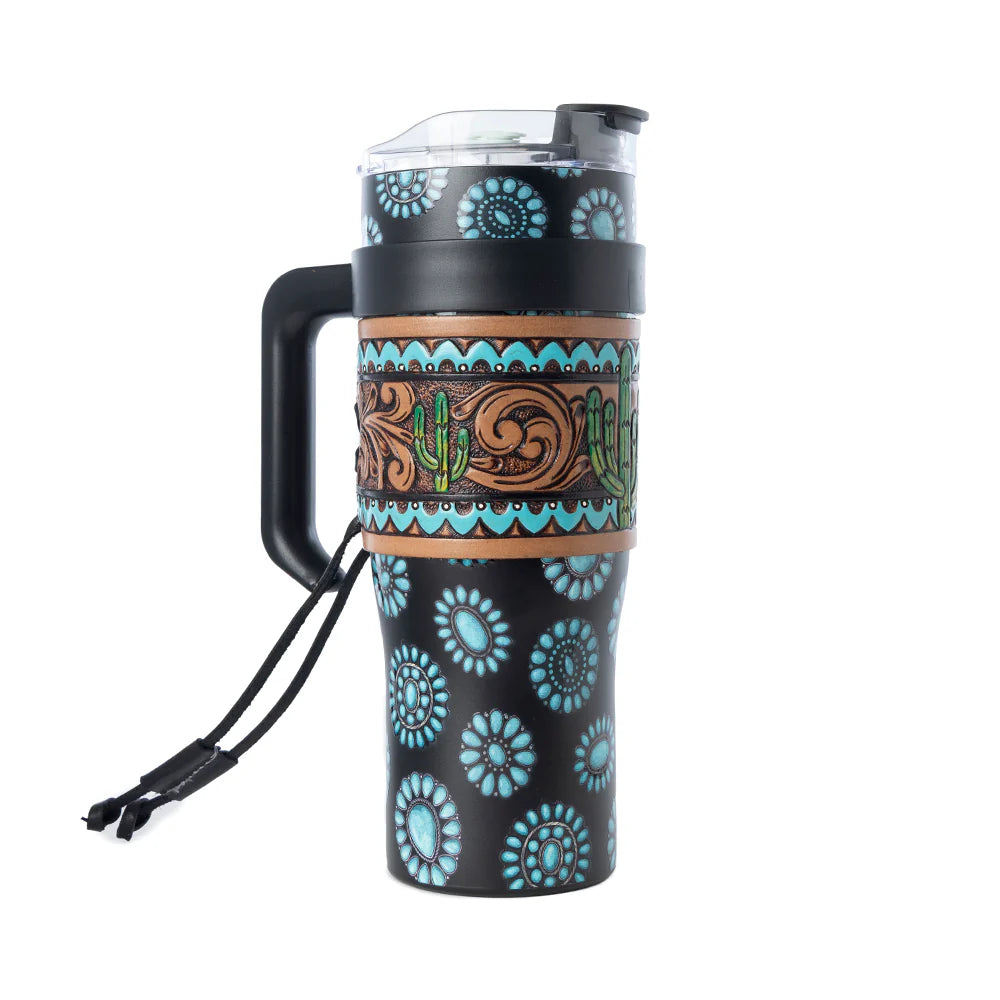 Travel mug with decorative patterns on a white background