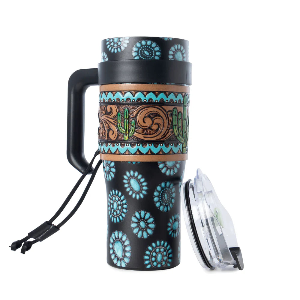 Travel mug with decorative patterns on a white background