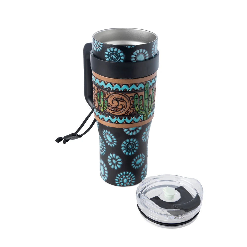 Travel mug with cactus pattern on a white background