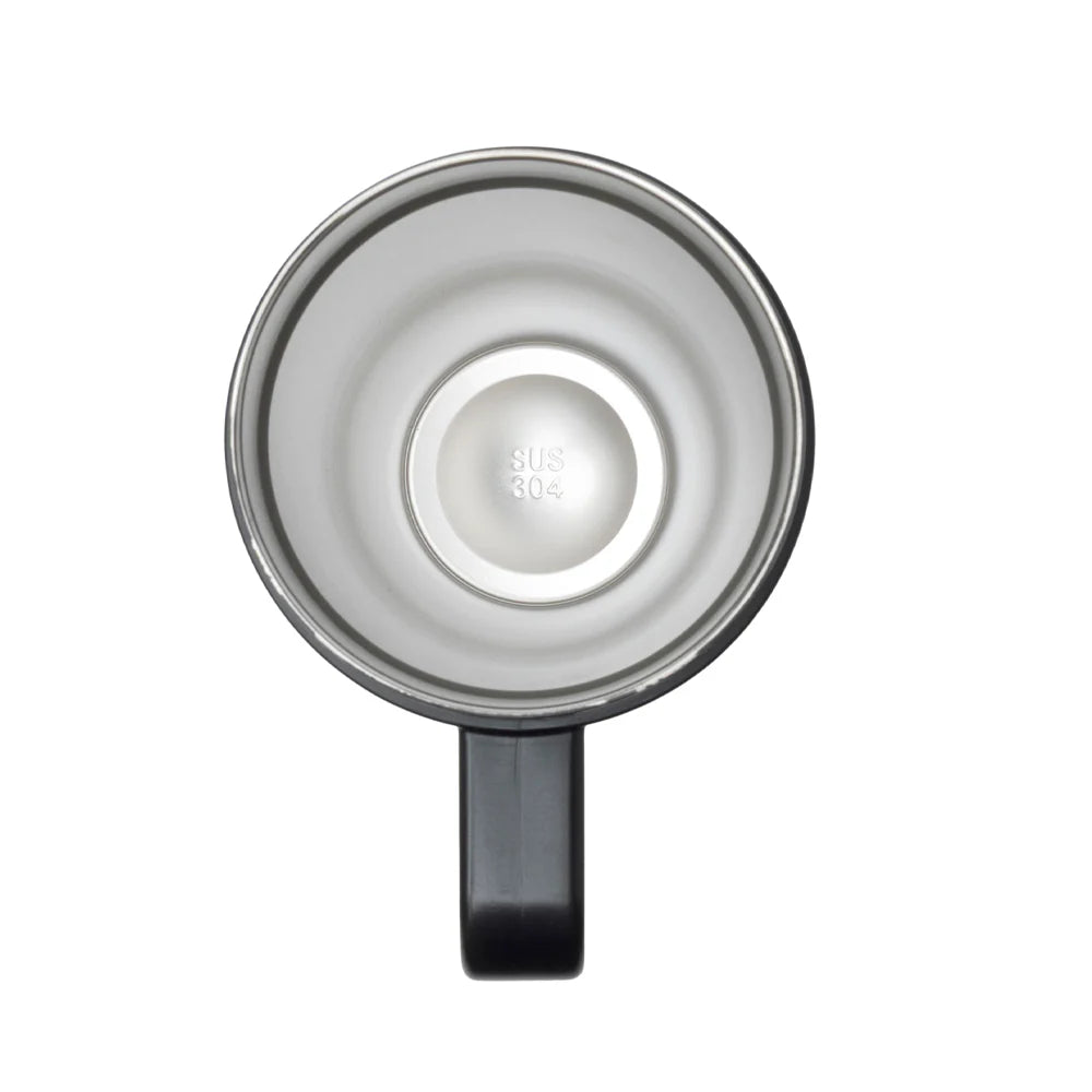 Stainless steel travel mug with handle on a white background
