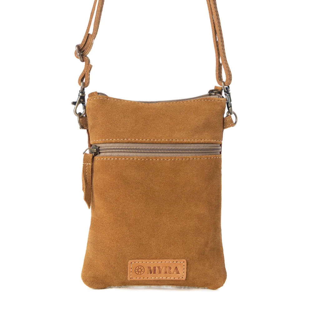 Brown leather crossbody bag with visible brand logo on a white background