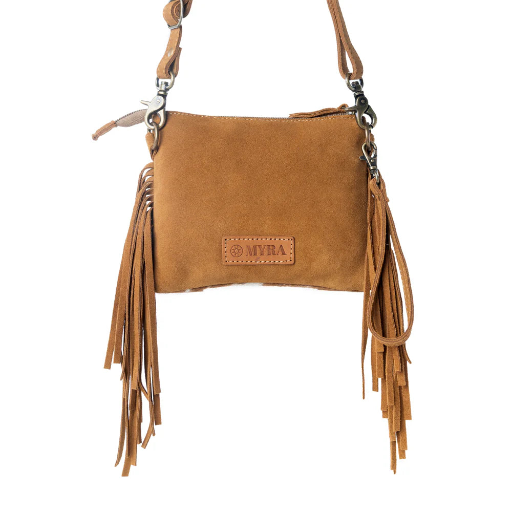 Brown suede handbag with fringes and a visible brand logo on a white background