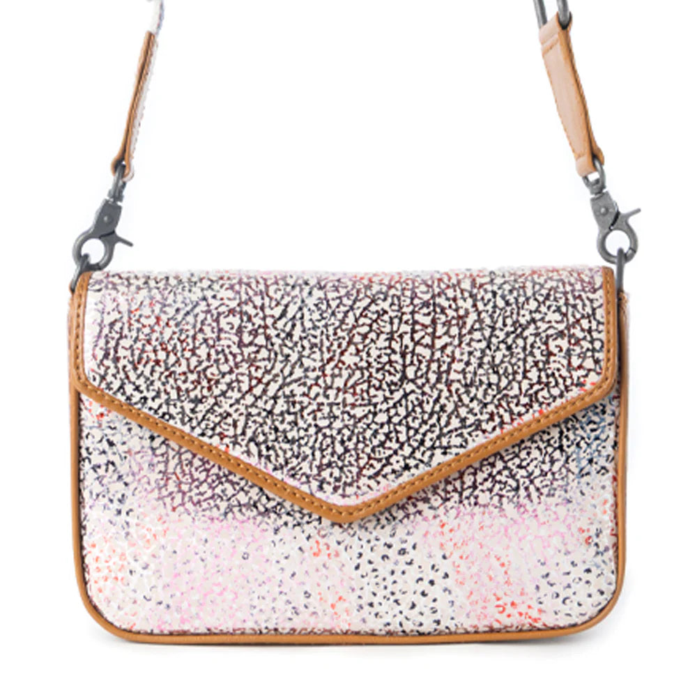 Sparkly handbag with a brown leather flap on a white background