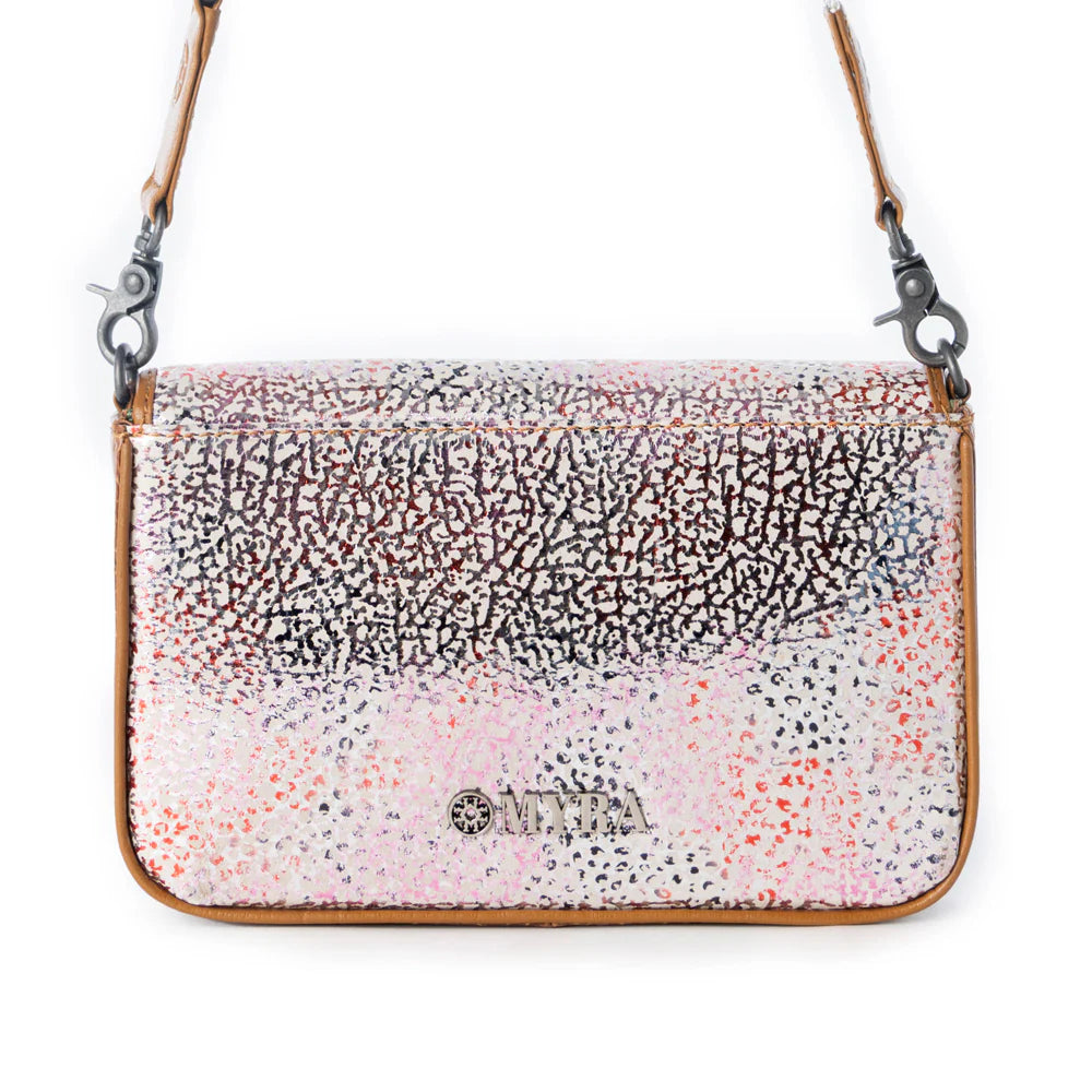 Multicolored patterned handbag with a visible brand logo on a white background