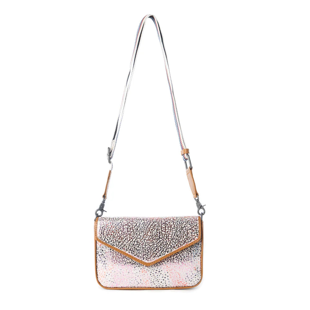 Silver glittery handbag with a strap on a white background