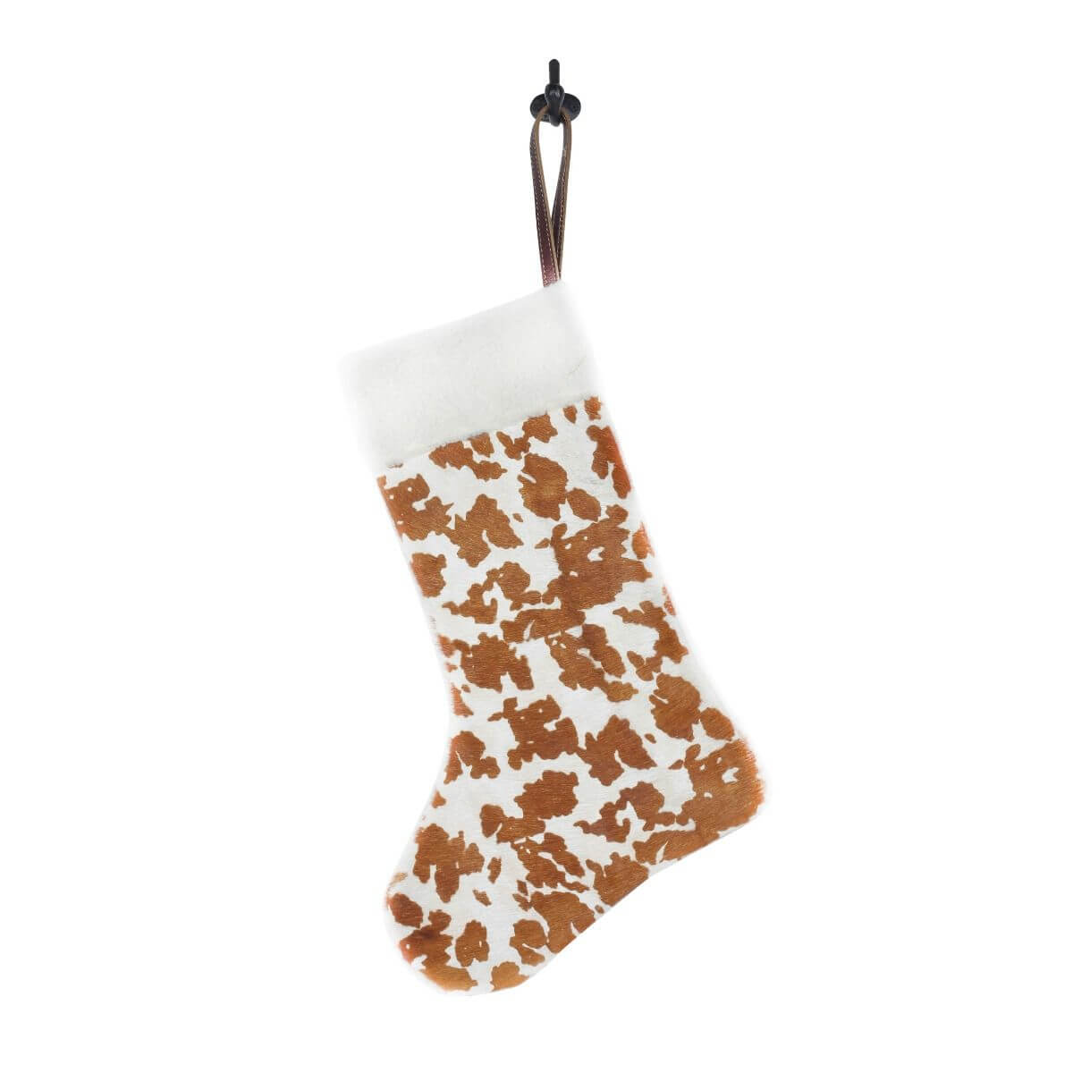 Go Merry Christmas Stocking. A Christmas stocking with a festive pattern in beige and white colors, hanging against a white background.