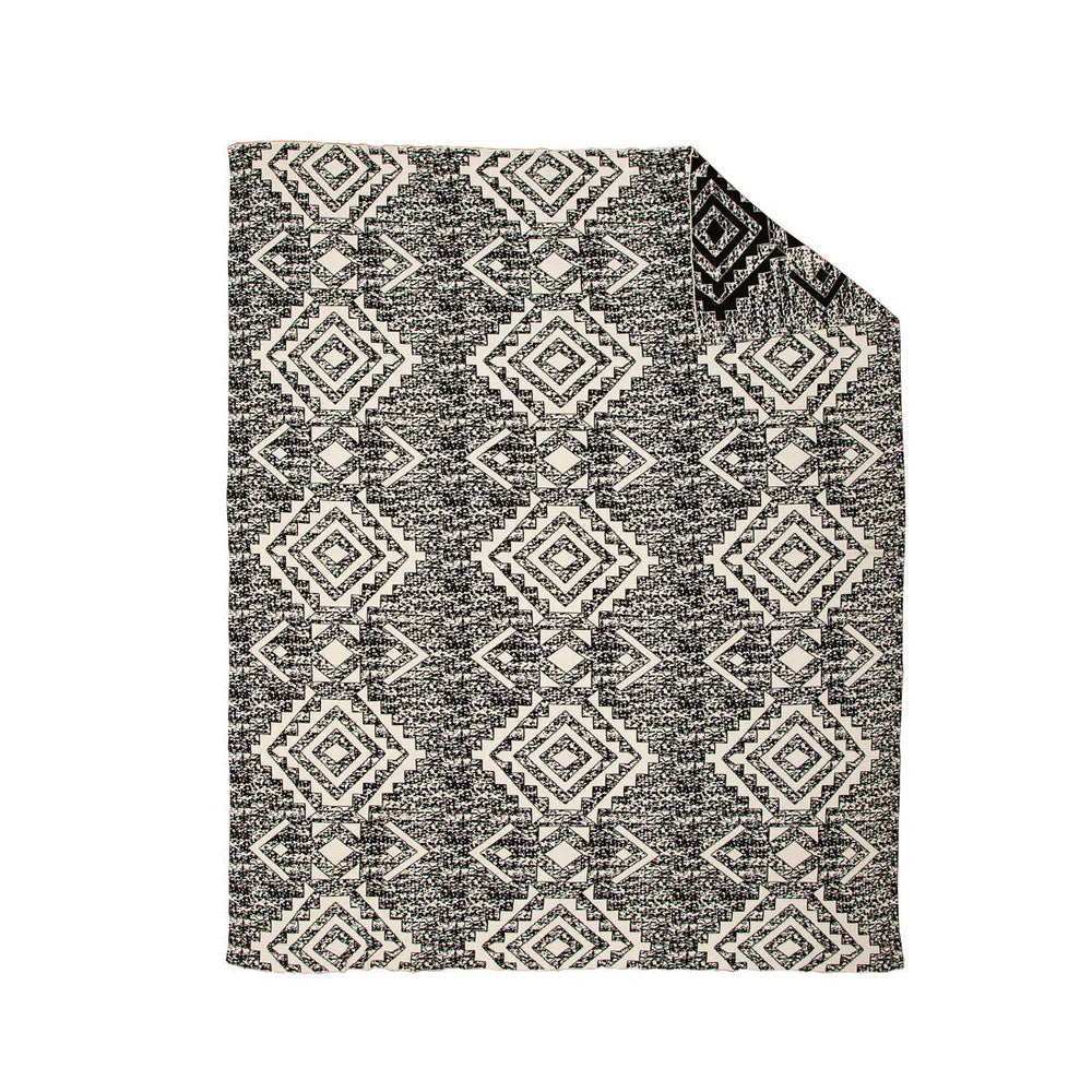Widespread Aztec Print Throw. Black and white patterned rug on a white background