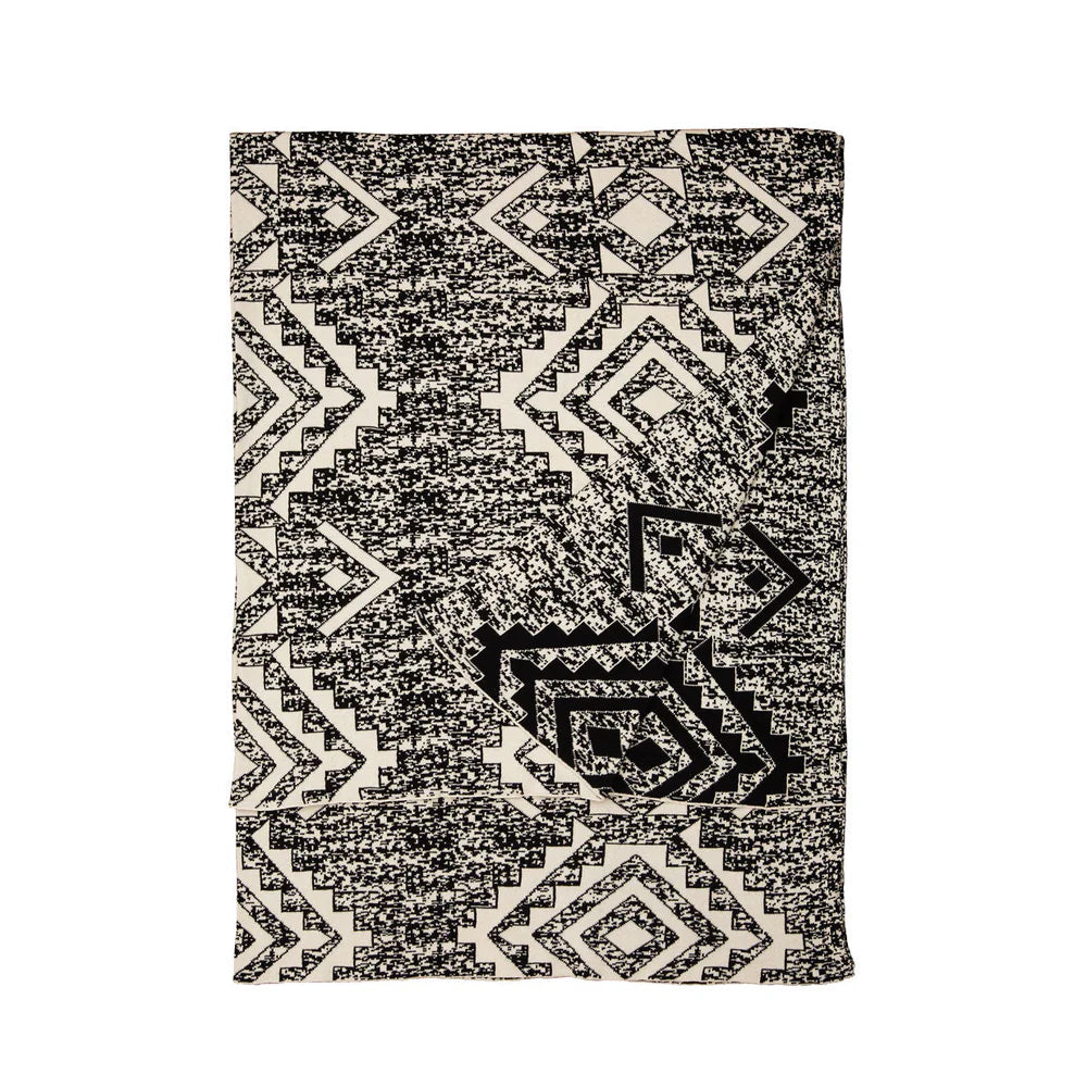 Widespread Aztec Print Throw. Black and white patterned rug on a white background