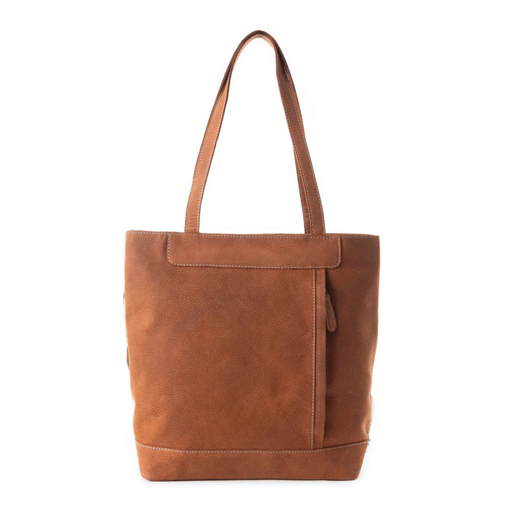 Patchwork tote bag with brown, black, and white pattern on a white background