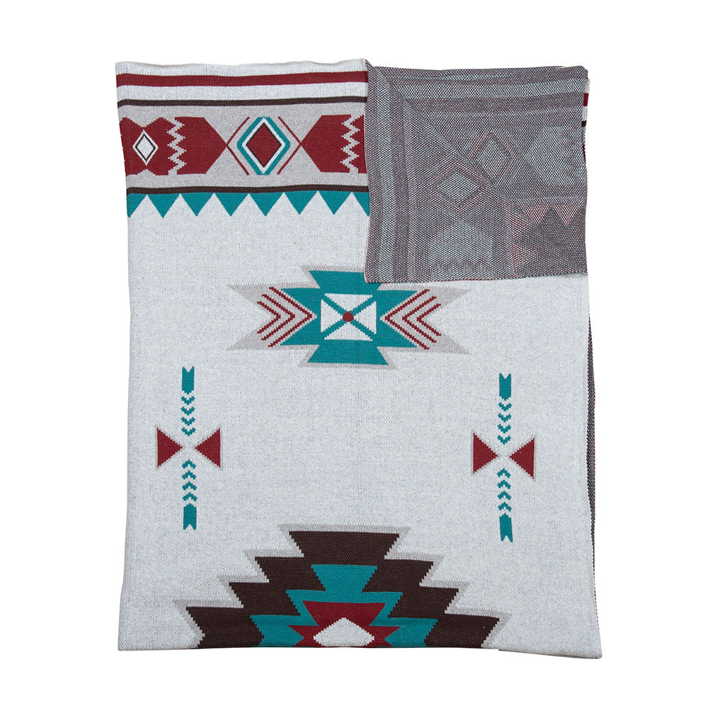 Canyon View Woven Throw. A woven throw with a geometric tribal design in Southwest colors, featuring a mix of geometric patterns and a mix of white, red, and blue colors.