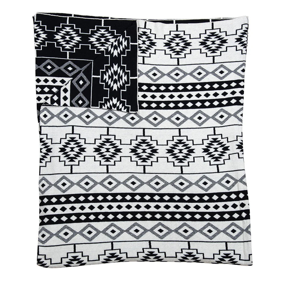 Azteca Ridge Throw. Black and white patterned blanket with geometric designs.