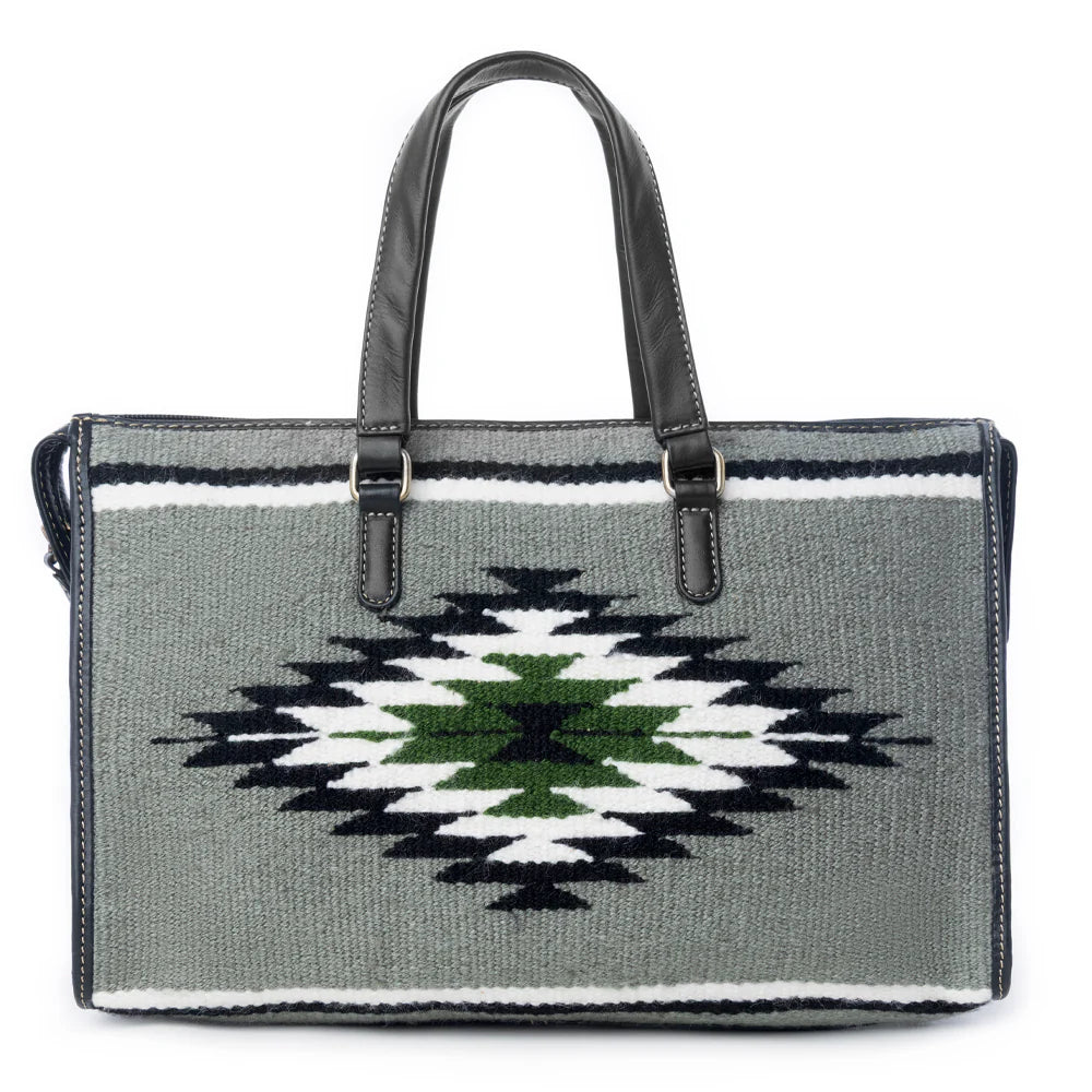 Handbag with geometric pattern on a white background
