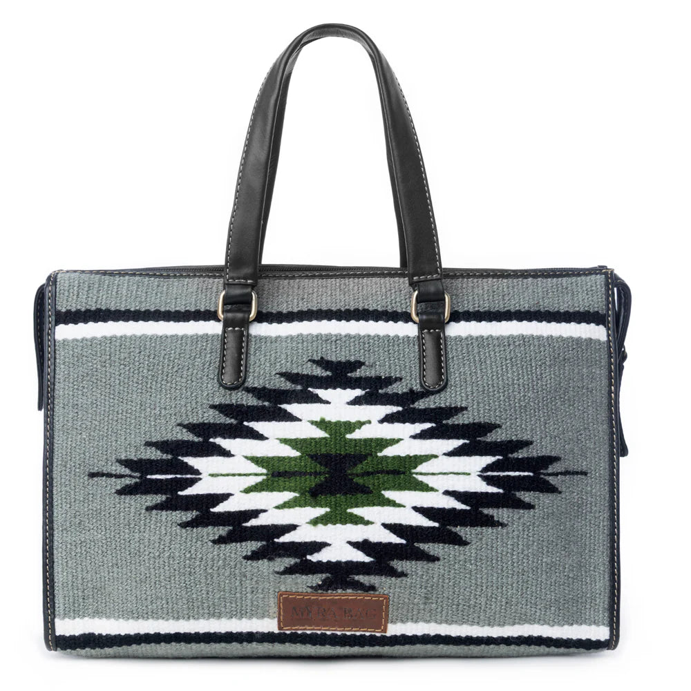 Handbag with geometric pattern on a white background
