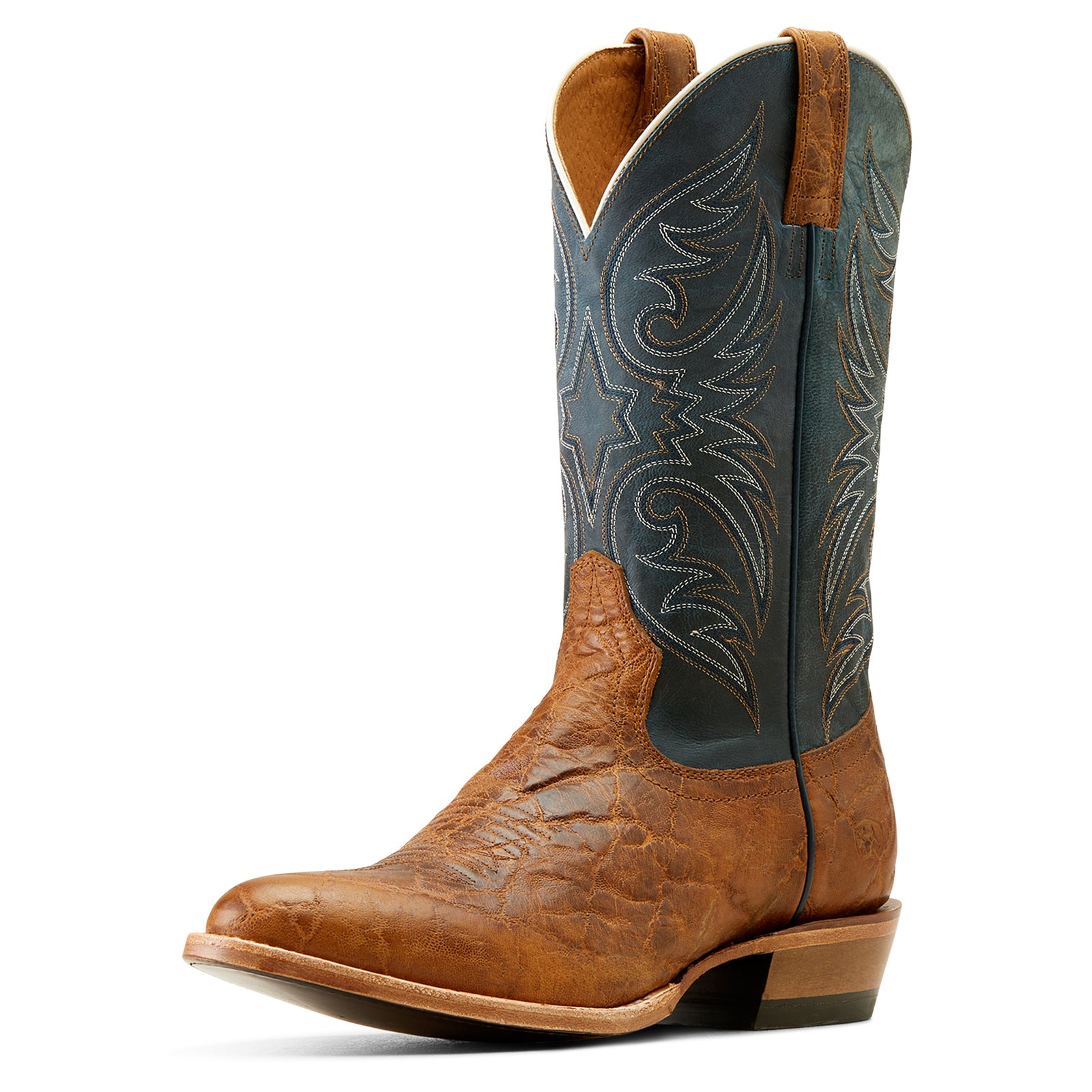 Ariat Men's Bankroll Western Boot featuring a brown full-grain leather upper, a blue embossed design, and a brown cowboy heel.