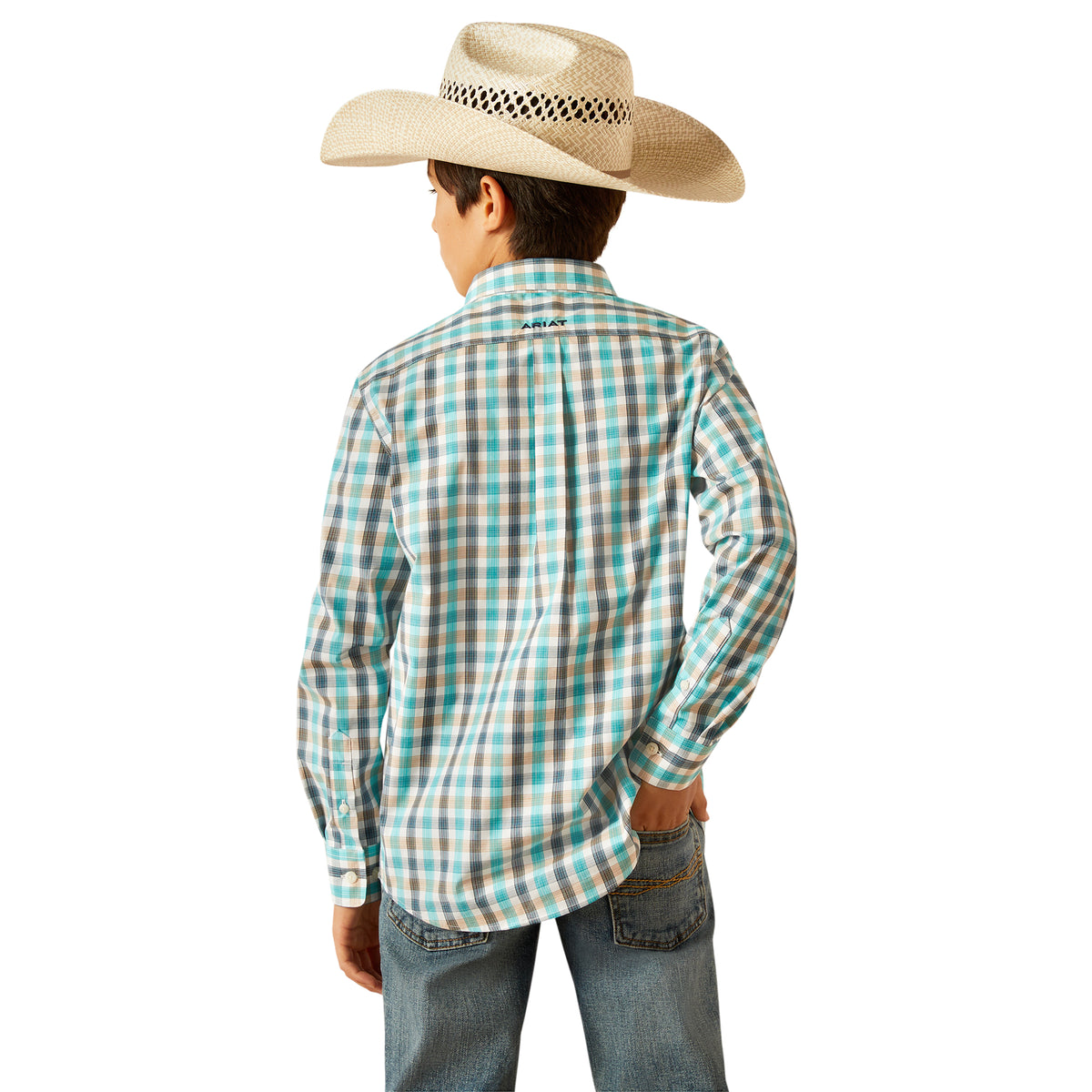 Ariat Boy's Pro Series Johnathan L/S Western Shirt. Person wearing a plaid shirt and cowboy hat on a white background