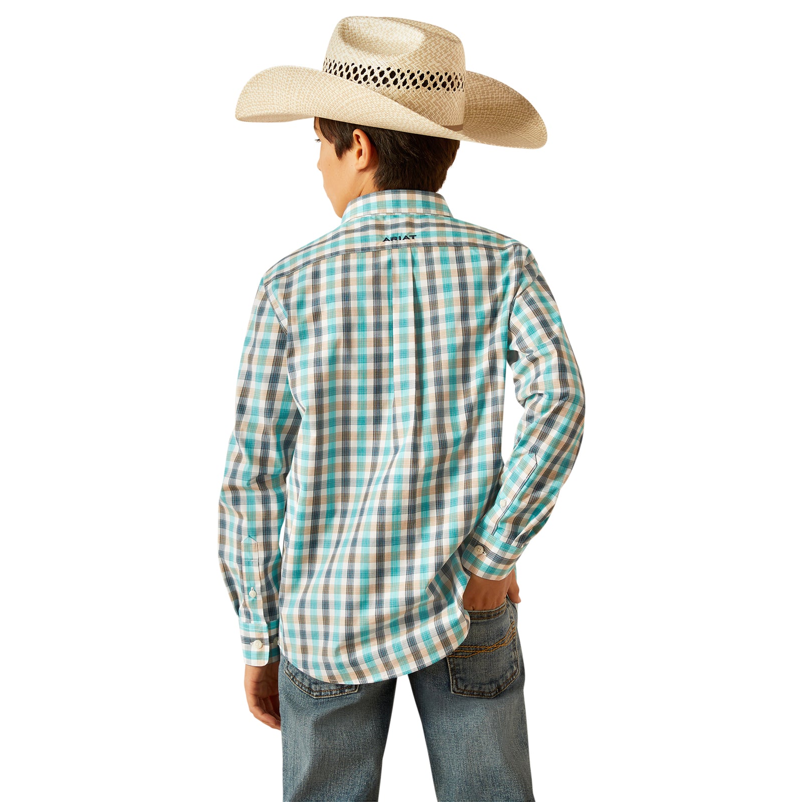 Ariat Boy's Pro Series Johnathan L/S Western Shirt. Person wearing a plaid shirt and cowboy hat on a white background