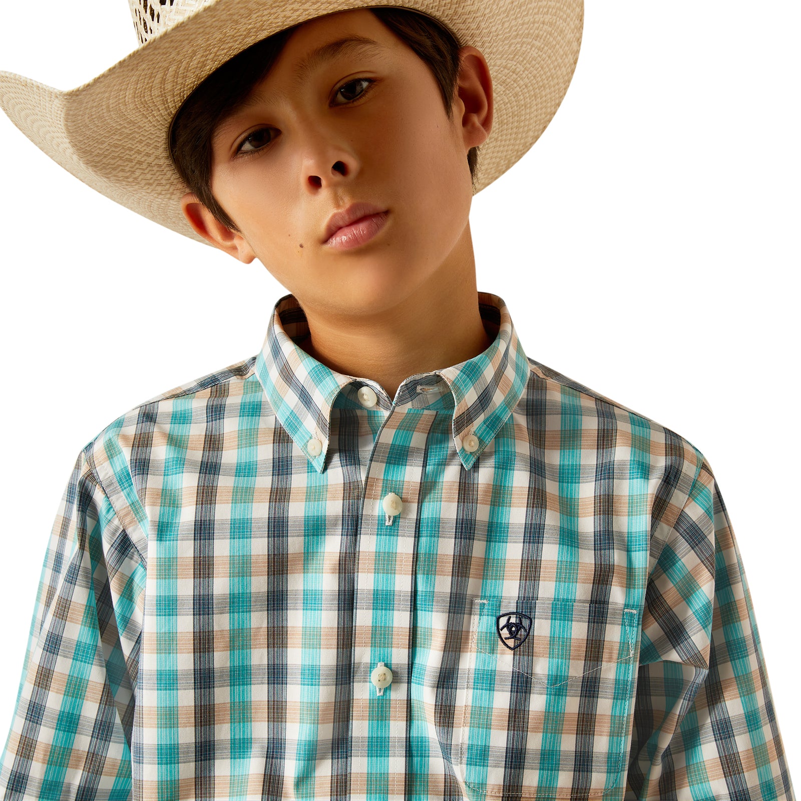 Ariat Boy's Pro Series Johnathan L/S Western Shirt. Child wearing a plaid shirt, jeans, and a cowboy hat on a white background