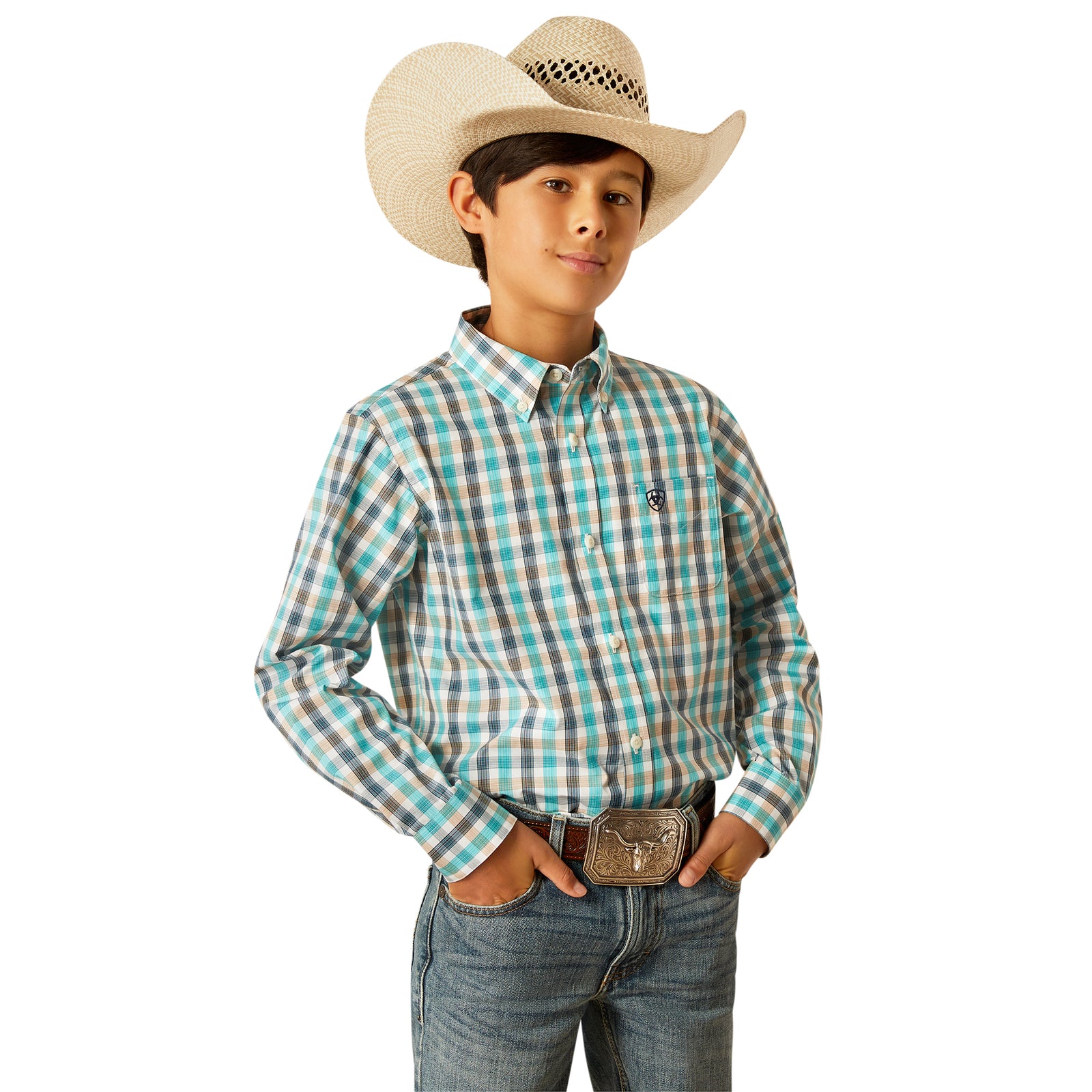 Ariat Boy's Pro Series Johnathan L/S Western Shirt. Child wearing a plaid shirt, jeans, and a cowboy hat on a white background