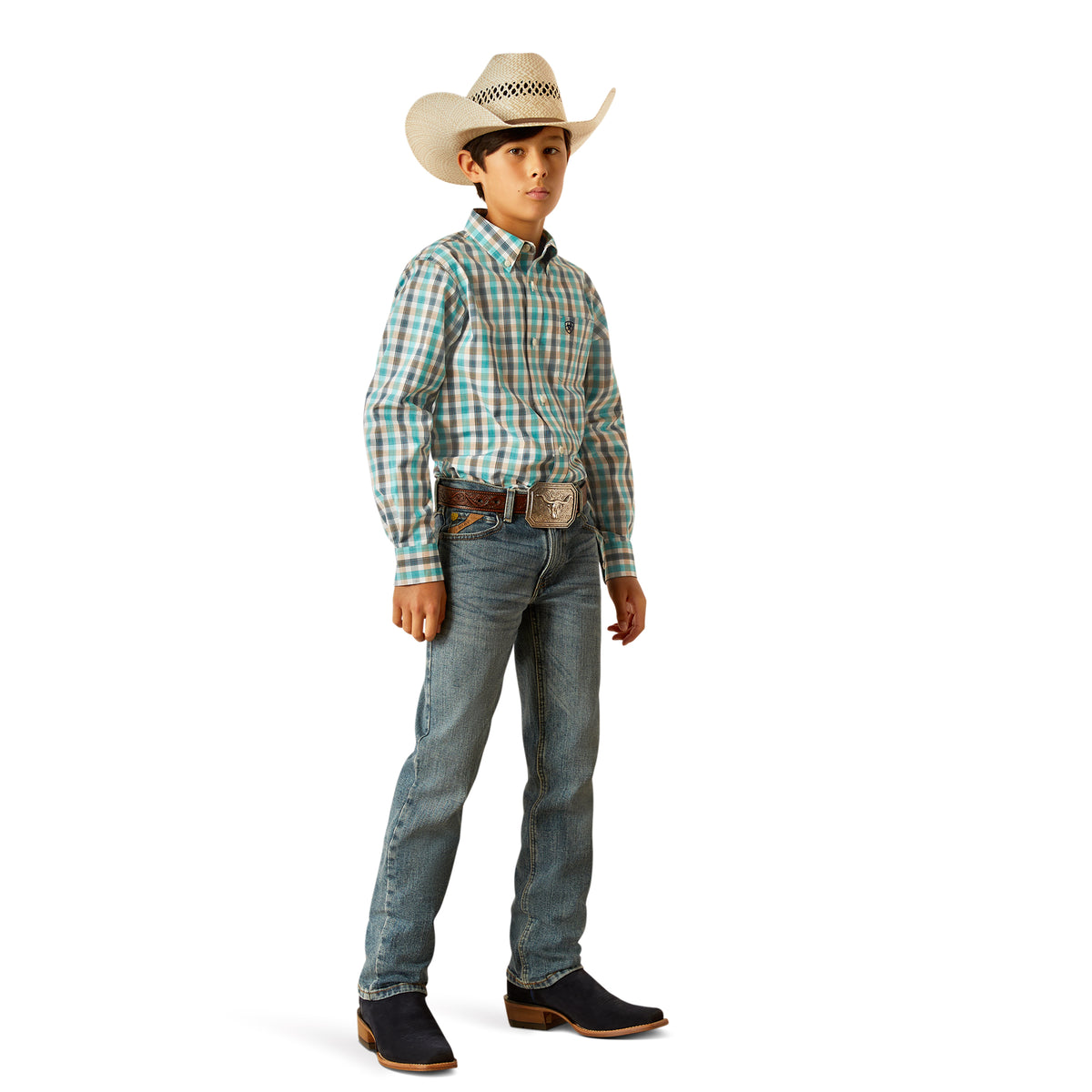 Ariat Boy's Pro Series Johnathan L/S Western Shirt. Person wearing a plaid shirt, jeans, and cowboy hat on a white background