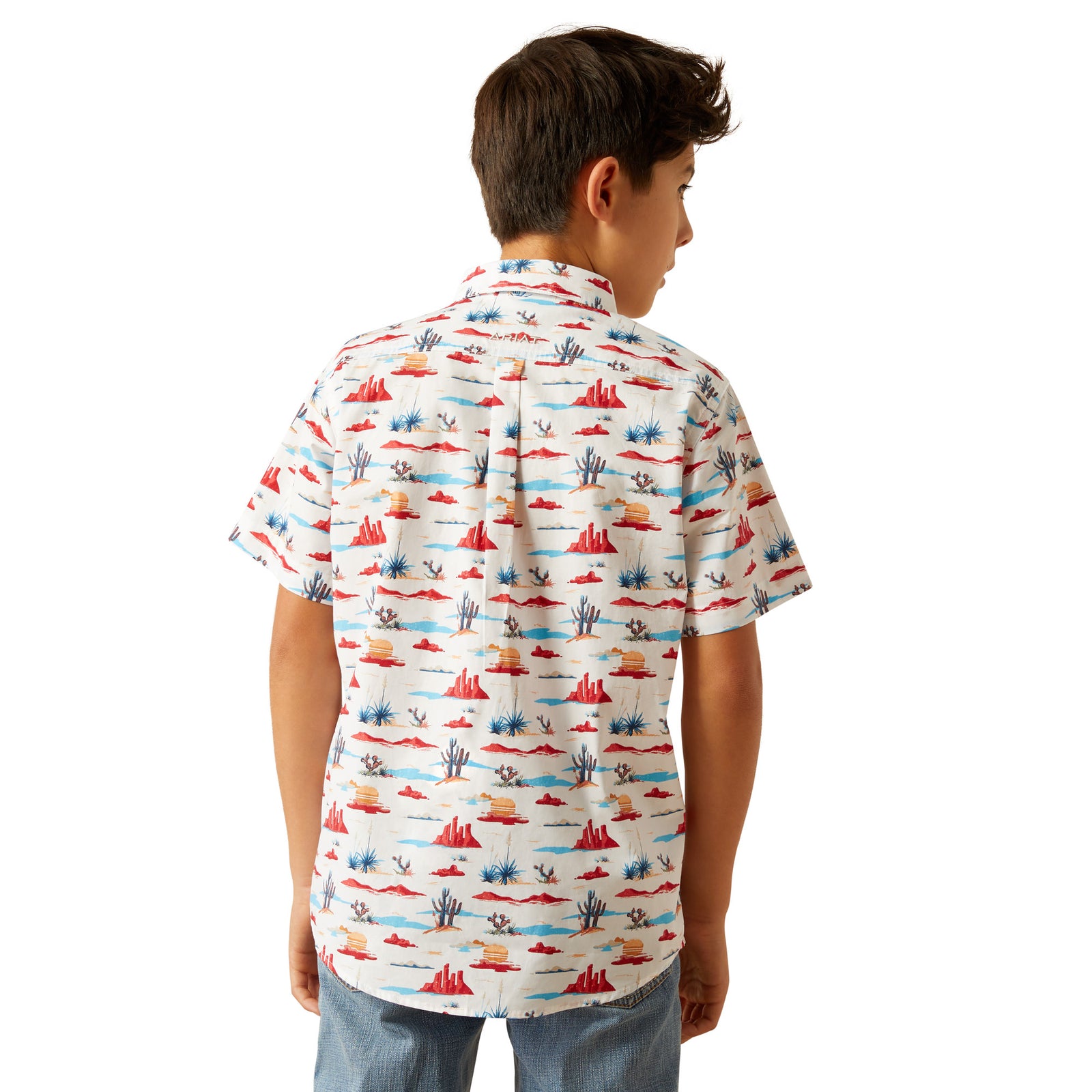 Ariat Boy's Scout S/S Western Shirt. Child wearing a colorful patterned shirt on a white background