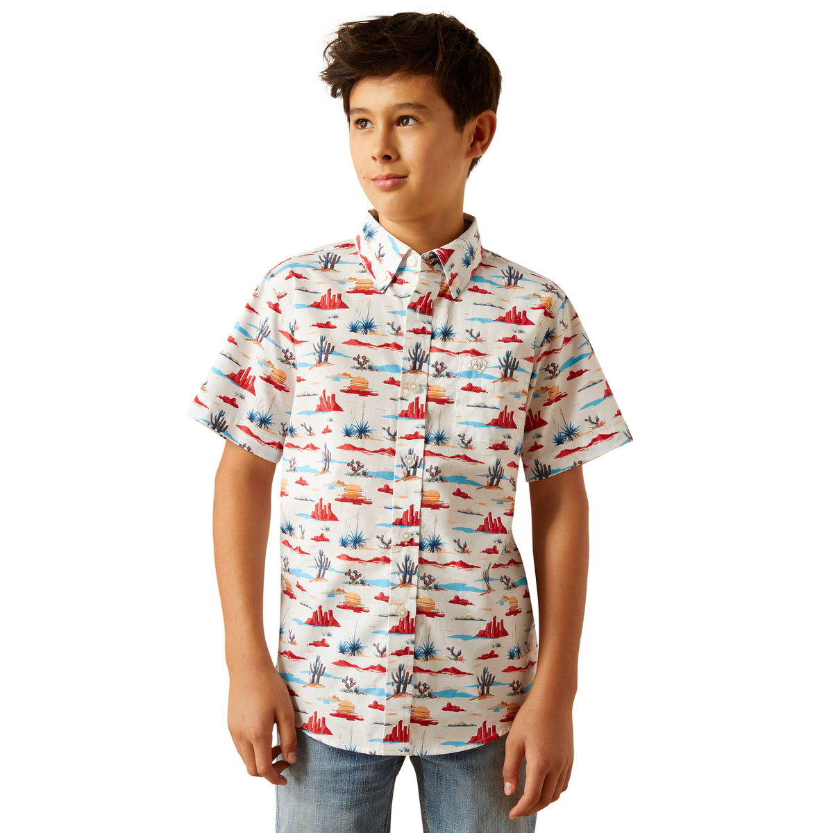 Ariat Boy&#39;s Scout S/S Western Shirt. Child wearing a colorful patterned shirt on a white background