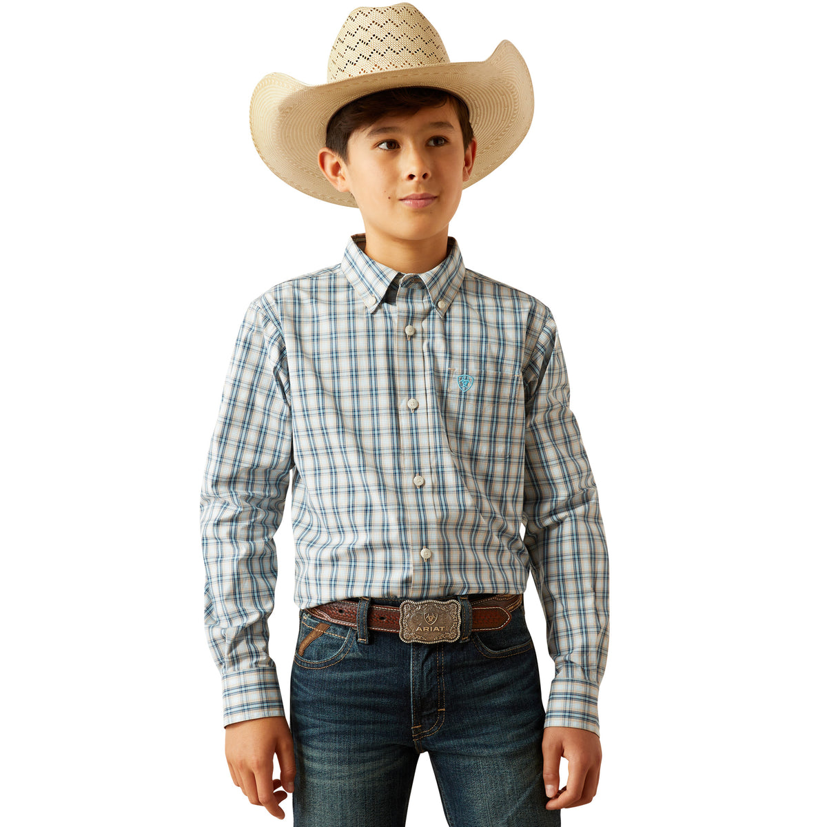 Ariat Boy&#39;s Pro Series Shelton L/S Western Shirt. Child wearing a plaid shirt, jeans, and a cowboy hat on a white background