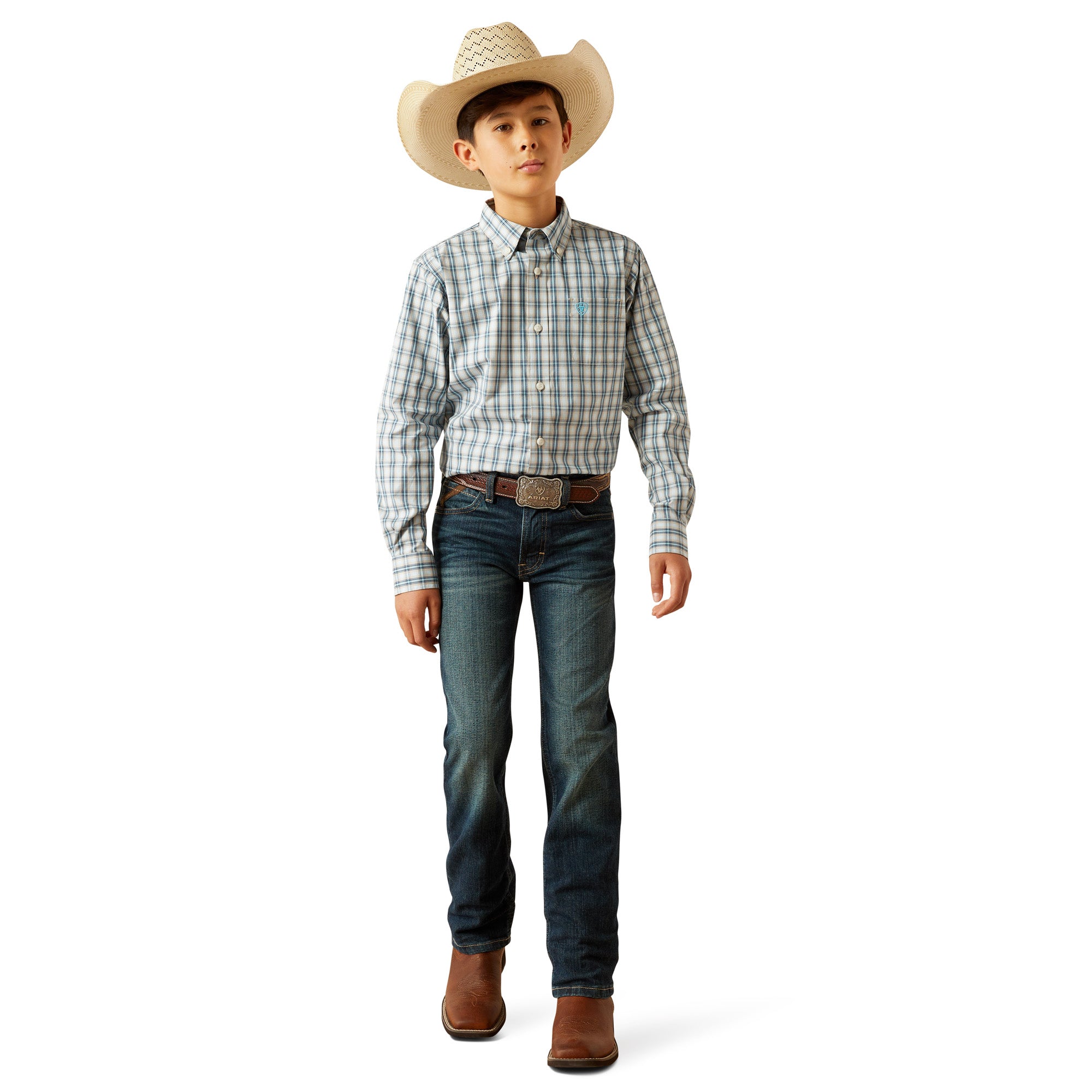 Ariat Boy's Pro Series Shelton L/S Western Shirt. Person wearing a plaid shirt, jeans, and cowboy hat on a white background